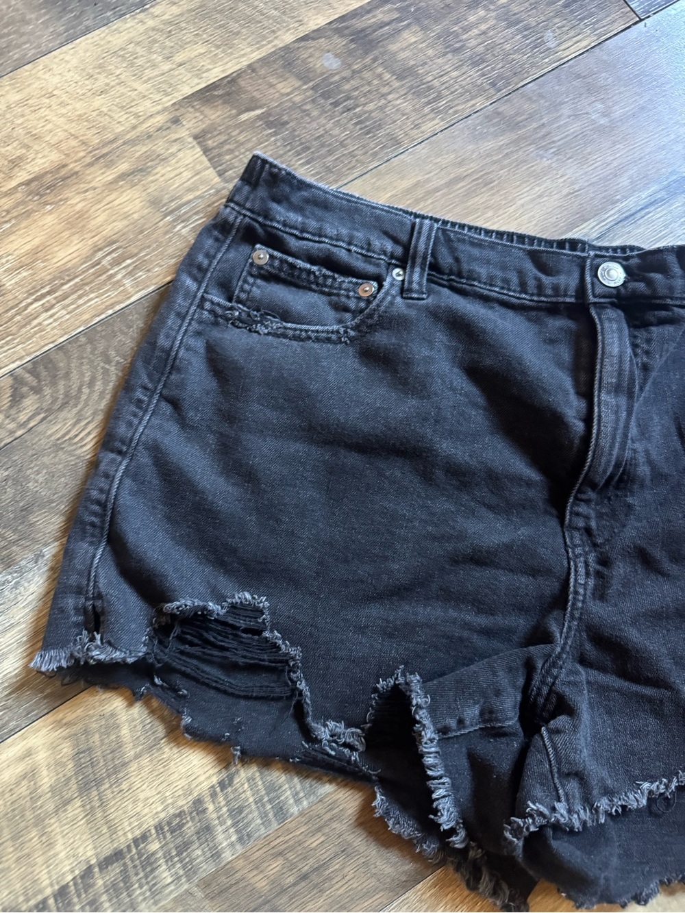 aerie Black Distressed Cutoff Denim Shorts - Picture 3 of 8